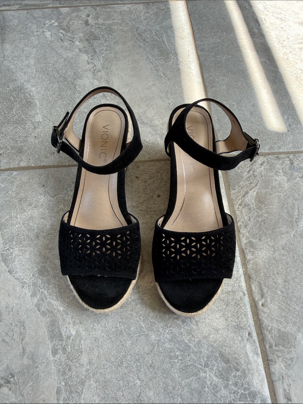 Vionic Black Laser-Cut Ankle-Strap Wedges